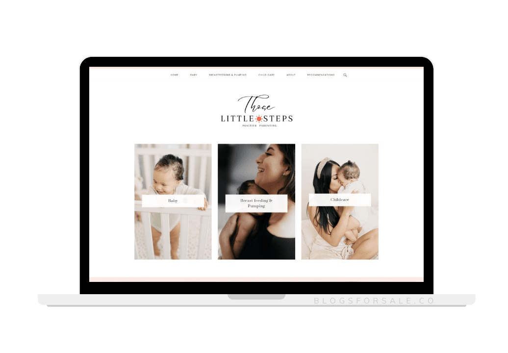 thoselittesteps baby and childcare niche website for sale monetized through affiliate links on amazon shareasale